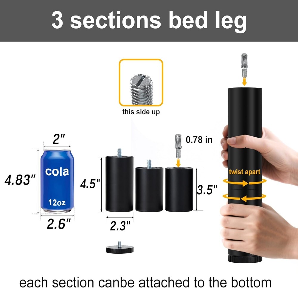12 Inch Bed Legs Replacement for Adjustable Bed Base Frame, 3 in 1 Screw in L...