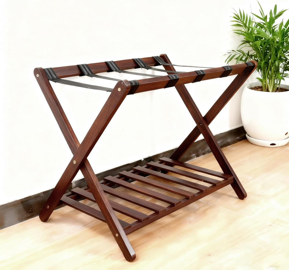 Stylish Solid Wood Luggage Rack with Shelf Foldable Suitcase Stand w/ Storage