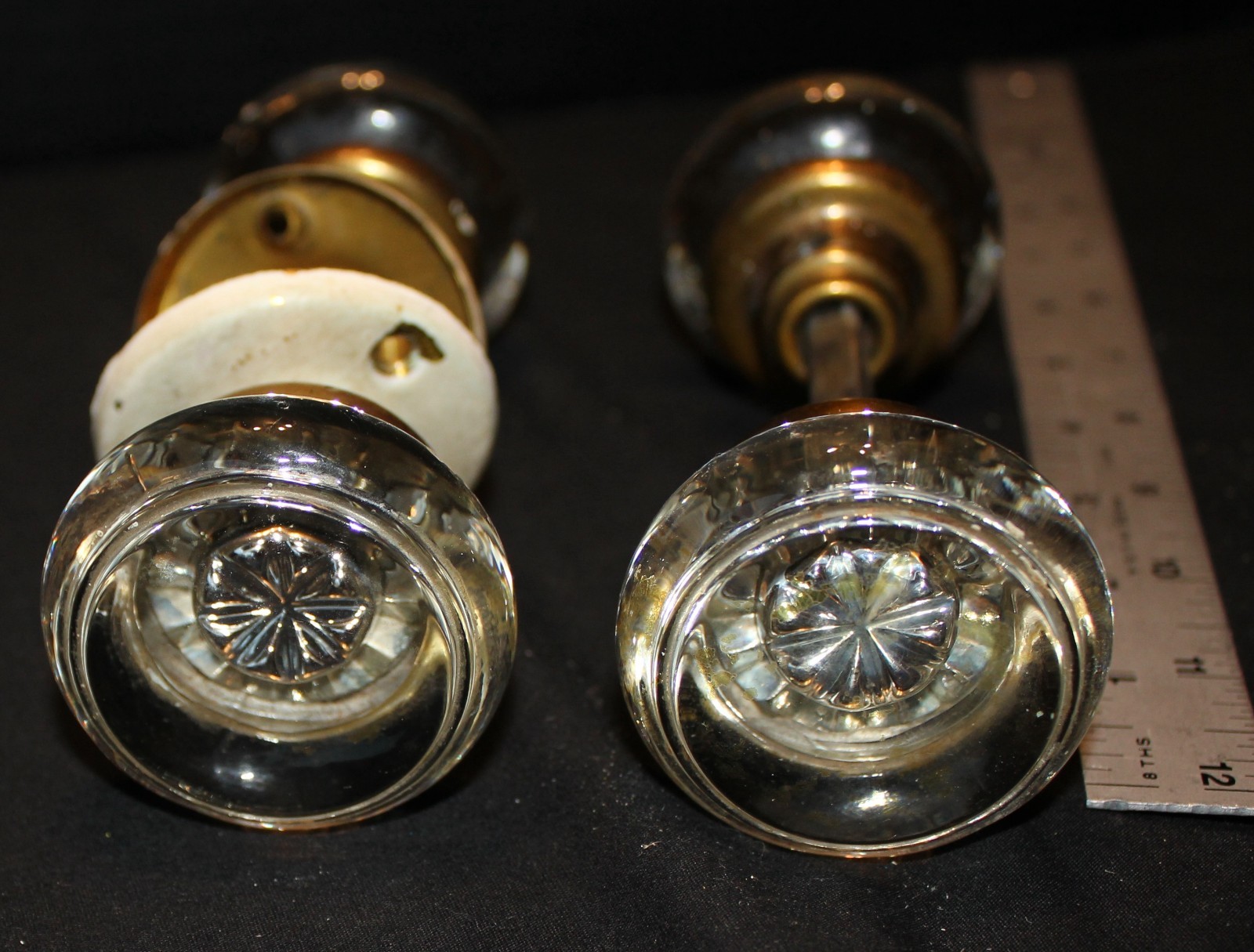 Pair Victorian Original Cystal Glass Door Knobs Brass Shank Heavy SET Of 2. WOW!