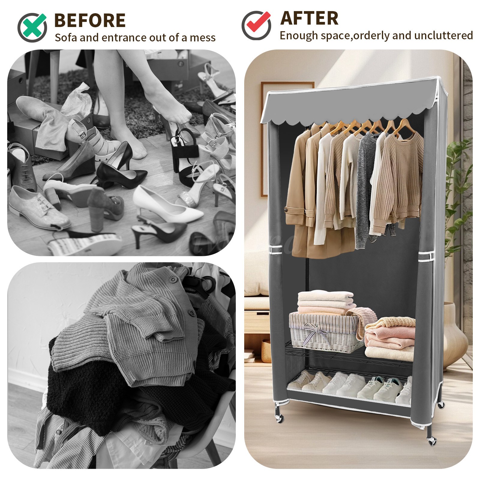 3 Tiers Heavy Duty Rolling Garment Rack with Wheels, Adjustable Shelf, Bedroom