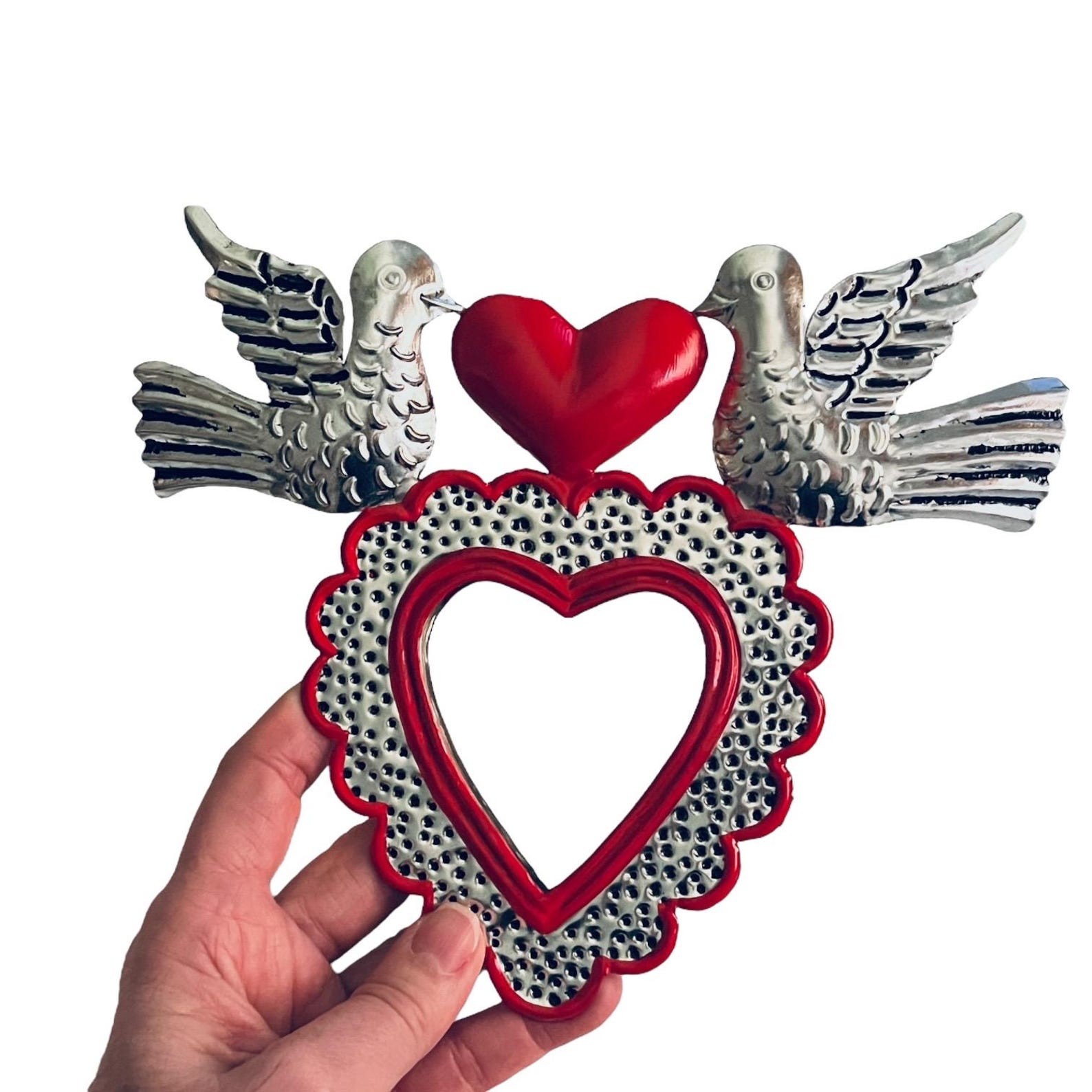 Tin HEART MIRROR, Small Corazon with Doves, Sacred Heart, Mexican Punched Tin