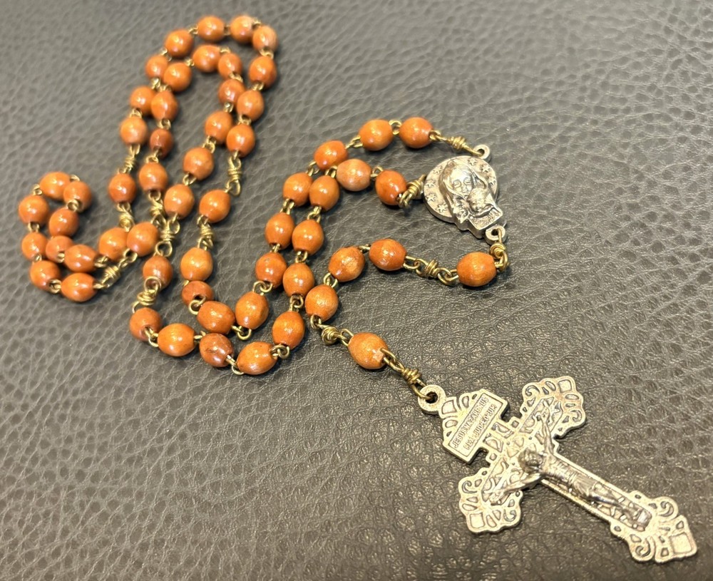 Rosary Cross with Crucifix Vintage Italy wooden Rosary Catholic Prayer Necklace
