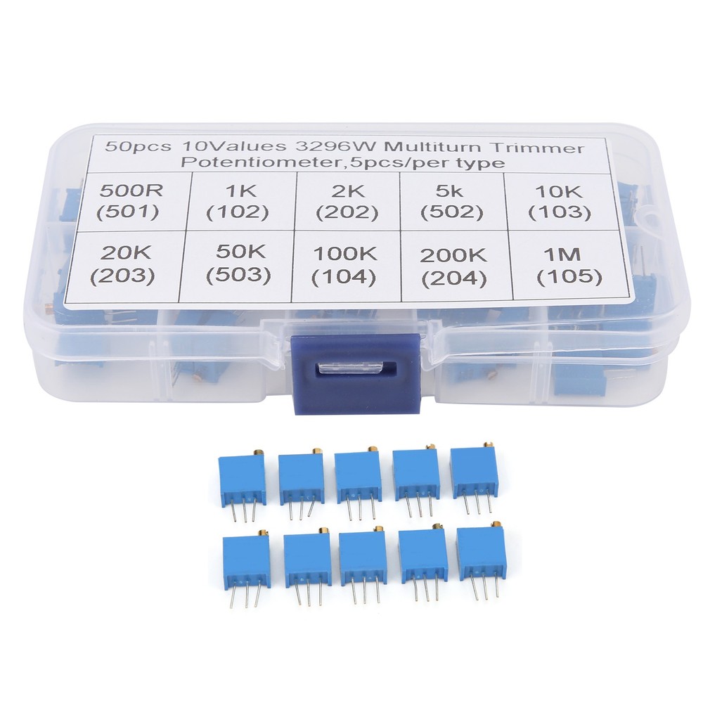 50pcs Variable Resistor 10 Values 3296W Regulating Resistance Trimmer Tool Part
