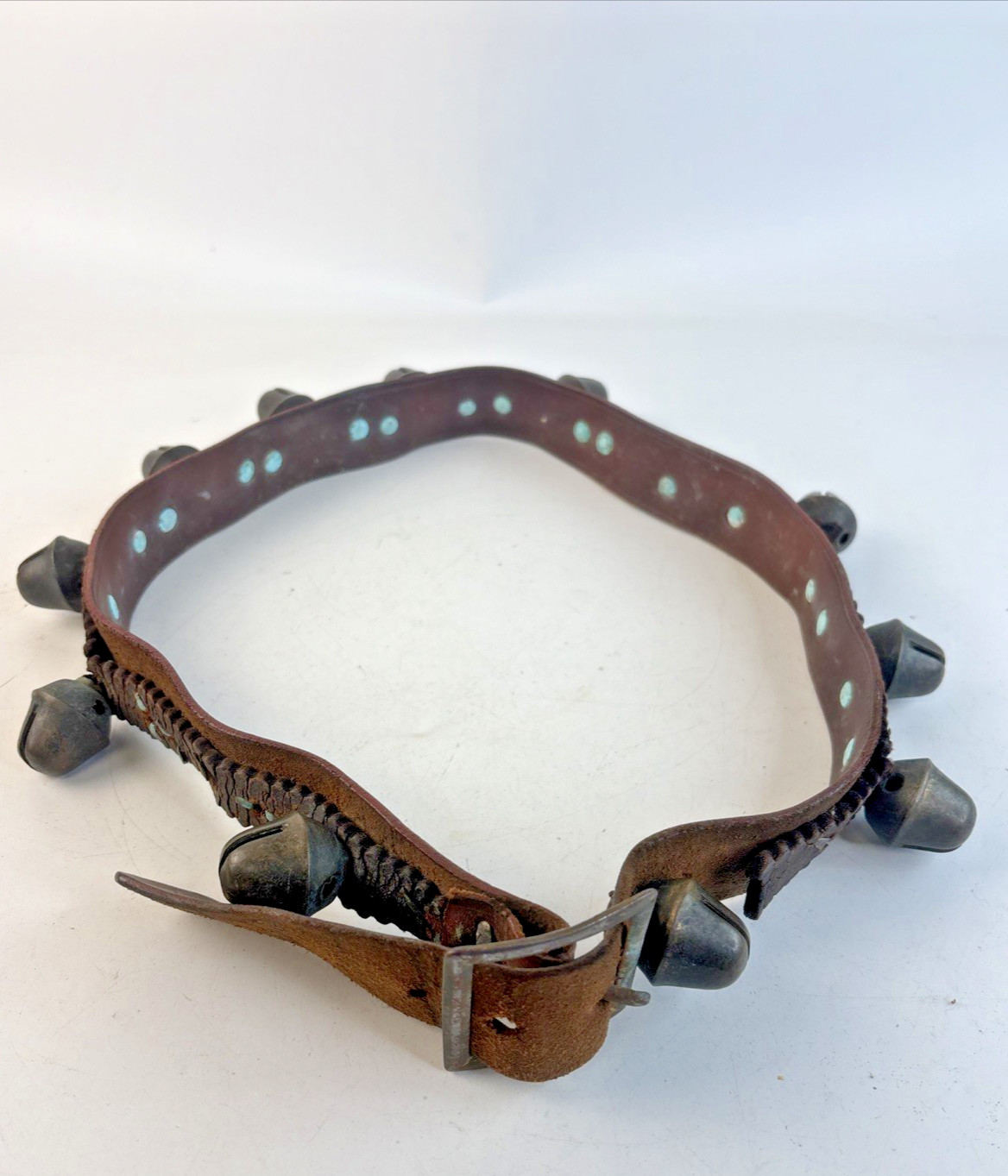Antique 11 Brass Acorn Sleigh Bells on 41" Leather Strap w/ Copper Rivets VIDEO