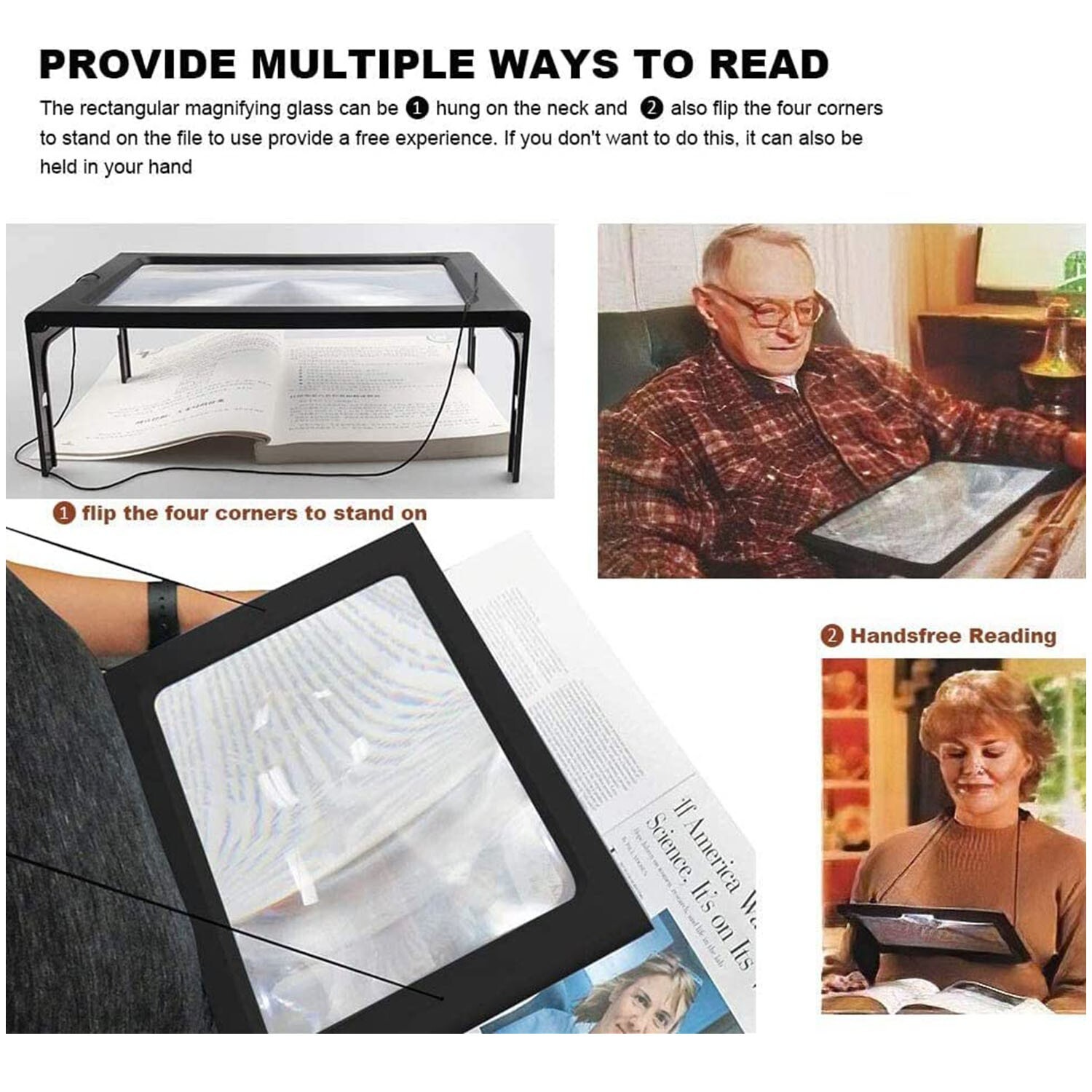 Full Page 3X Large Magnifier Book Reading Aid Magnifying Glass w/ 4 LED Lights