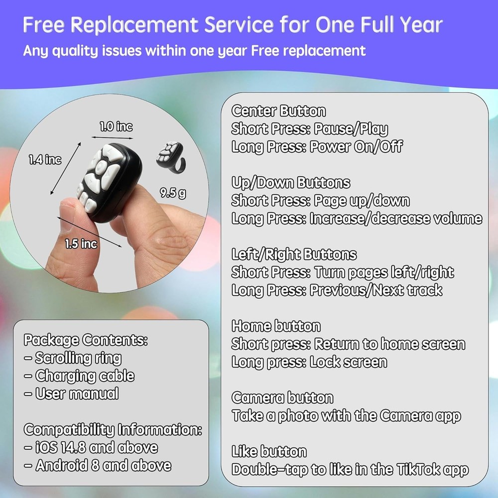 Scrolling Ring – 8-Button Finger Tip Wireless Remote, with Camera Remote Shutter