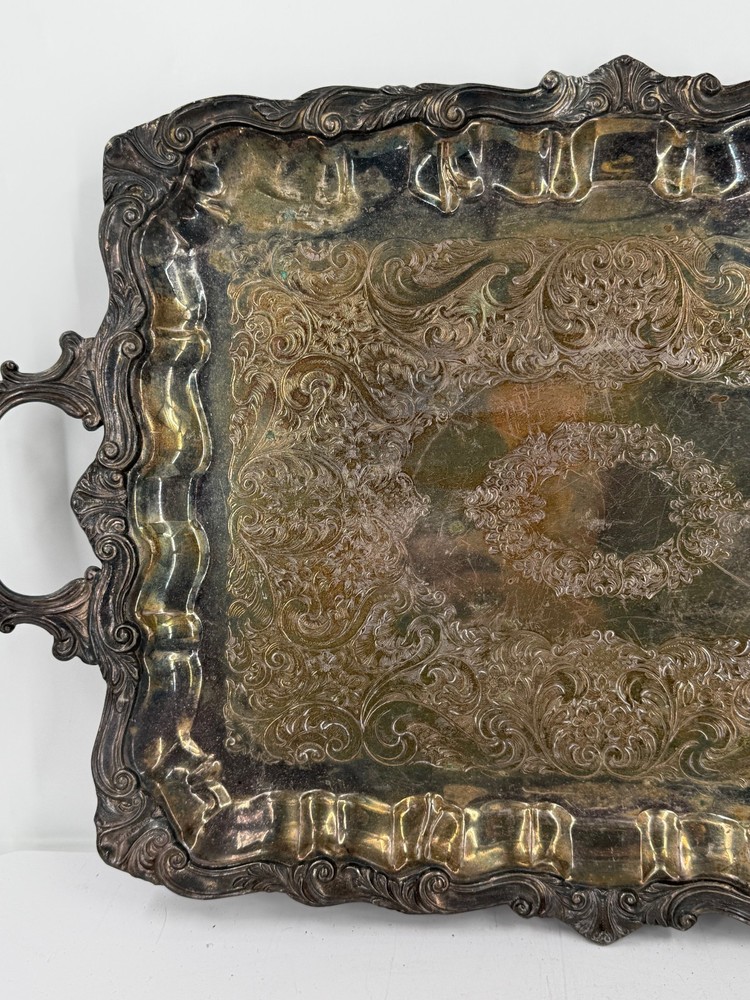Vintage Silver Plated Copper Silver On Copper Ornate Engraved Serving Tray-25"