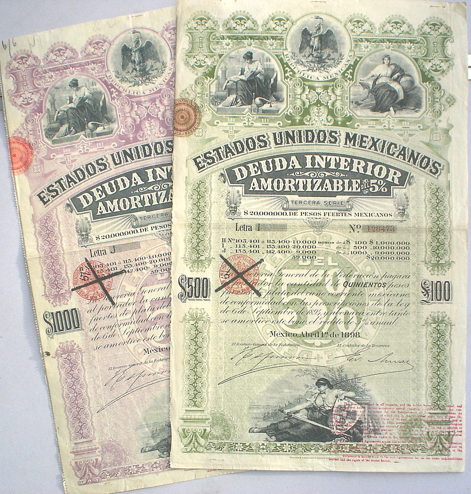 6 x ESTADOS UNIDOS MEXICANOS BONDS 5 x 500 + 1 x 1000$ = £100 + £200 uncanceled