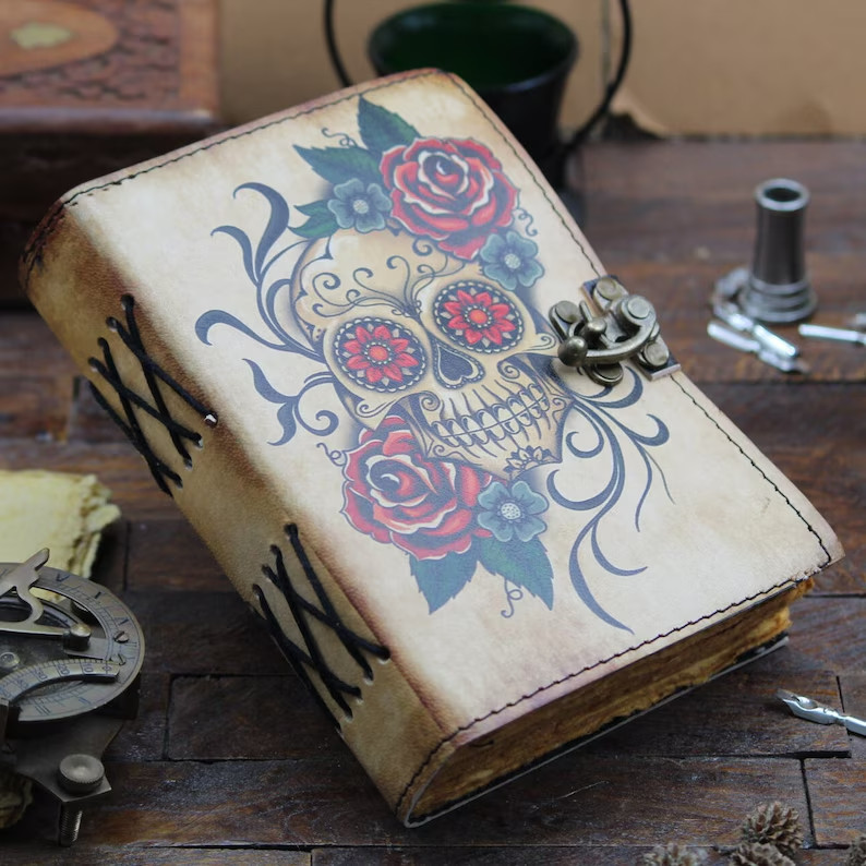 Skull Printed Leather Journal Custom Personalized Notebook Unique Vintage Design