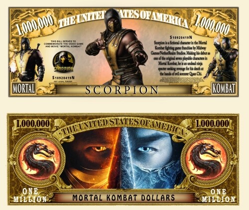 5 Pack Mortal Kombat Scorpion Money Collectible Novelty 1 Million Dollar Bills