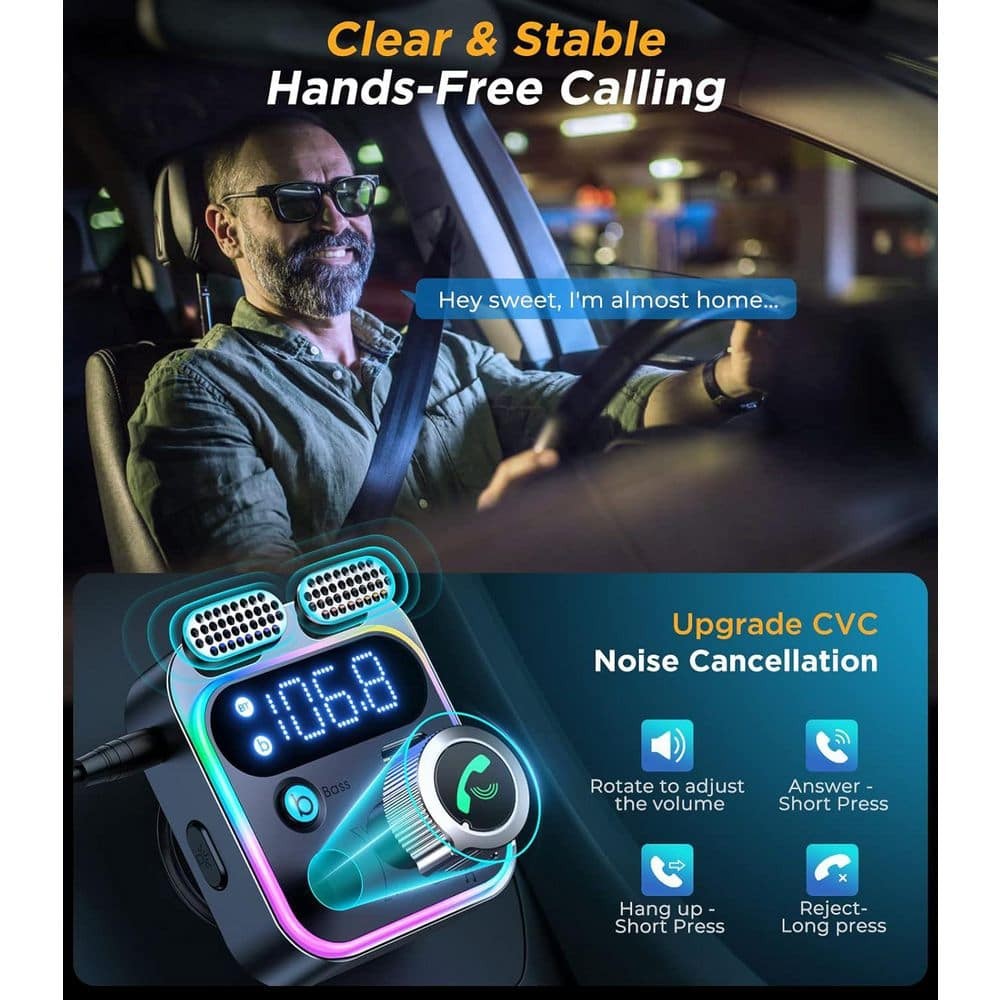 Bluetooth 5.3 FM Transmitter Car Adapter Dual Mics Hifi Deep Bass Sound 48W PD Q