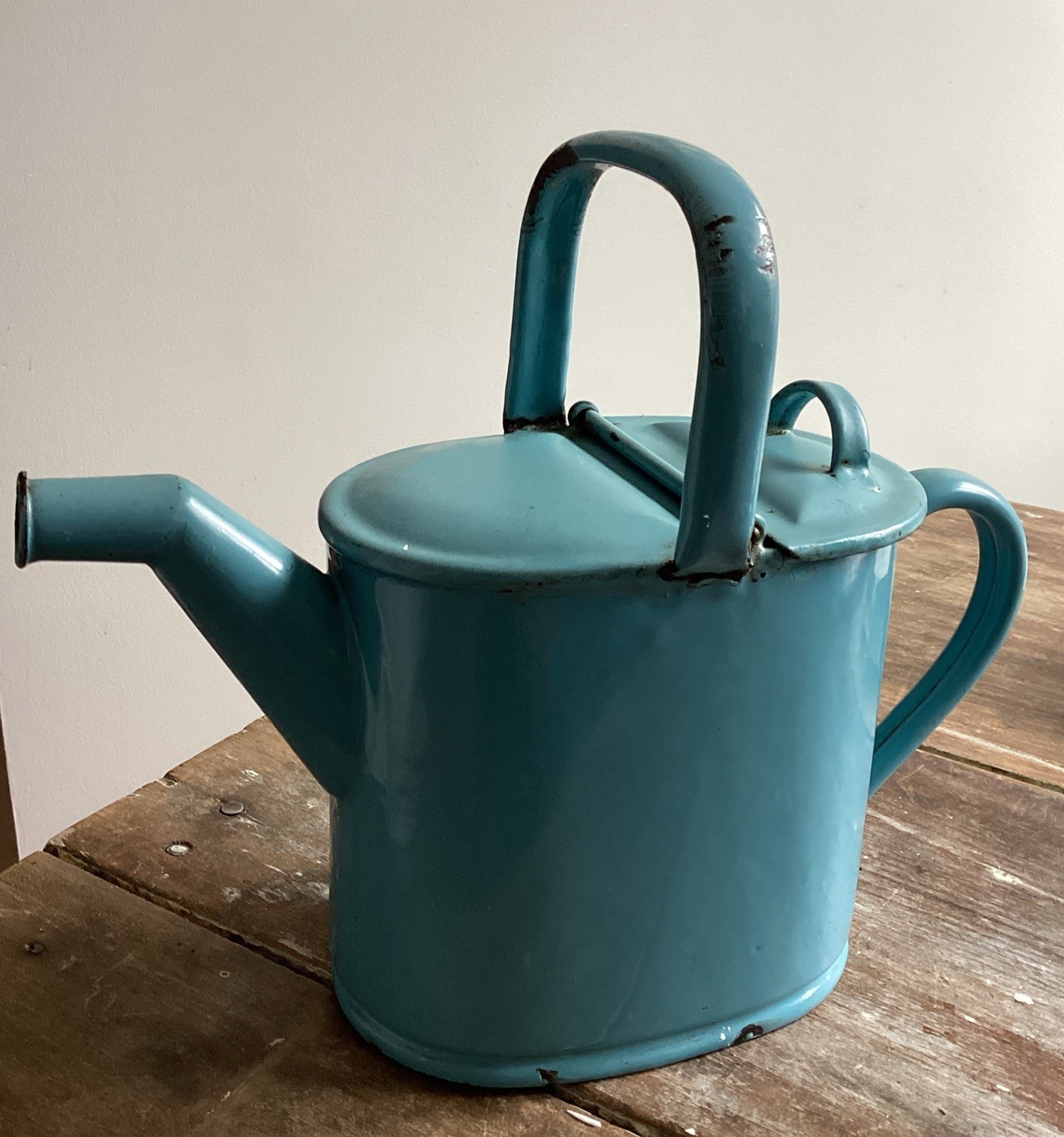 Antique Light Blue Enamel Ware Watering Can c1900 European Vintage