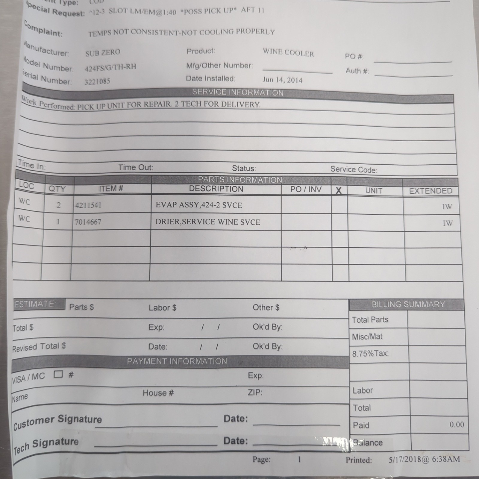 2014 Sub-Zero 424FS 24" Stainless Steel Standalone/Undercounter Wine Cooler