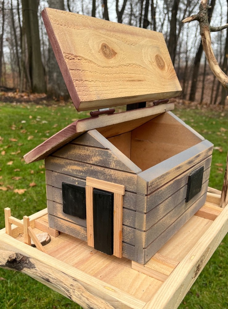 Rustic Log Cabin Bird Feeder W/ Branch Perch, Handmade