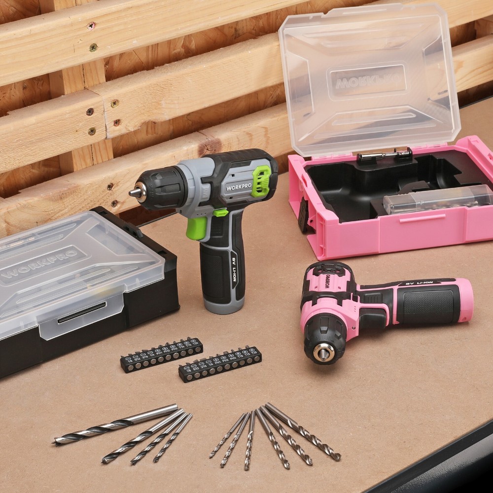 WORKPRO Pink /GrayPower Drill Set&Stackable Tool Box, 8V Cordless Drill Driver