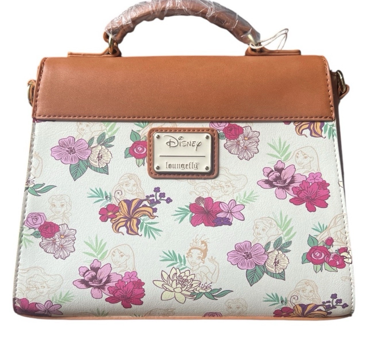 Loungefly Disney Princess Floral Handbag Brown Cream Pink Purple Green Design