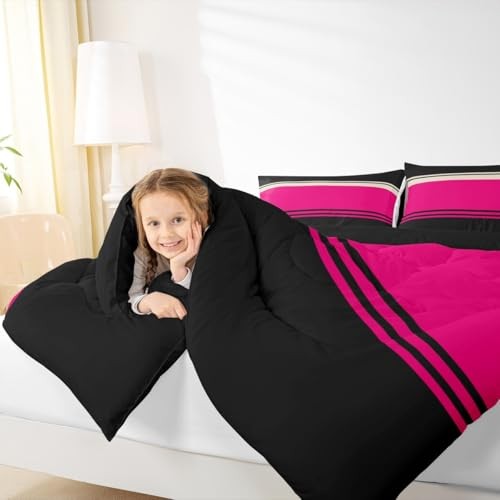 Patchwork Striped Comforter Set Hot Pink Black Stripes Bedding Queen Pattern 04