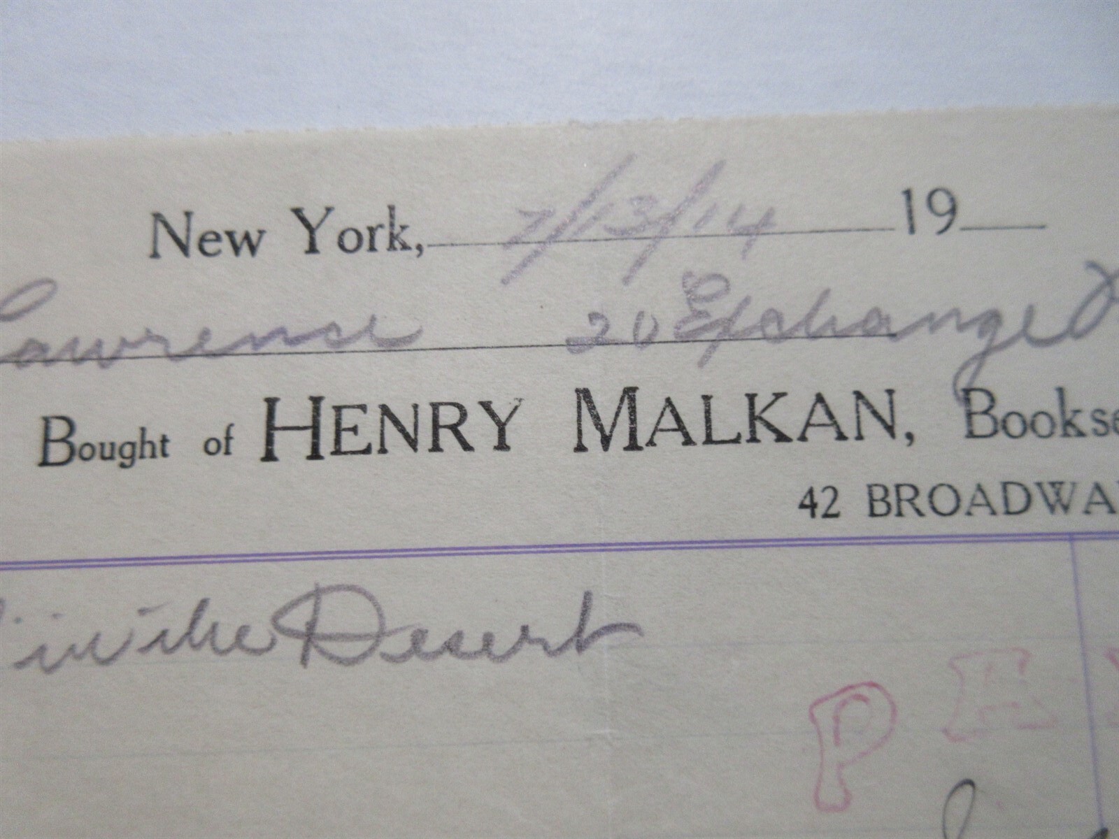 1914 Henry Malkan Bookseller receipt for Well in the Desert New York City