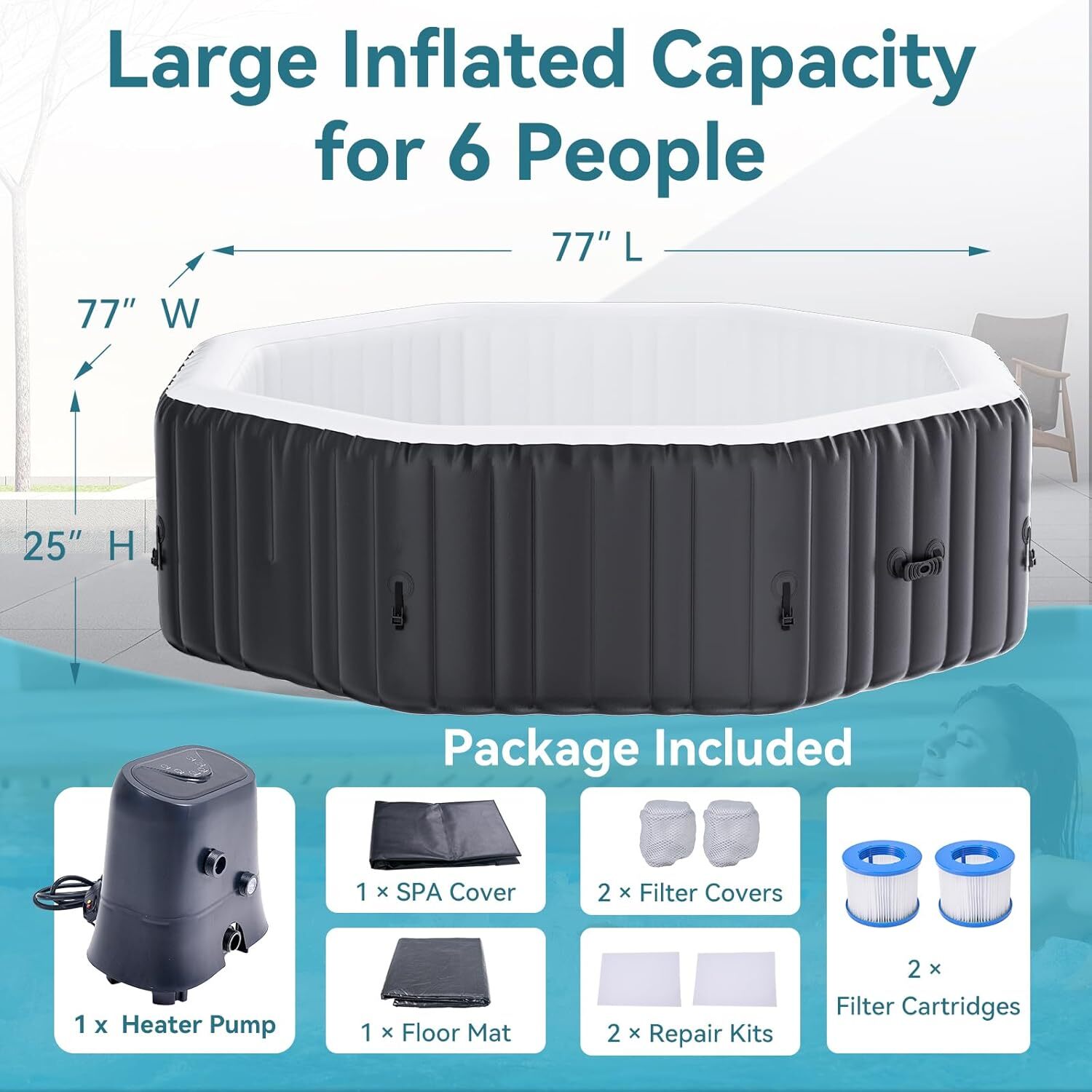 NAIZEA 6 Person Octagon Inflatable Hot Tub 130Air Jet Large Hot Tub 77"x77"x25"