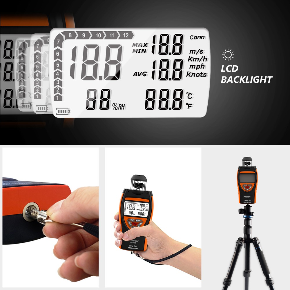 Digital Wind Gauge Cup Anemometer 42m/s Wind Speed Meter with Compass Data Hold