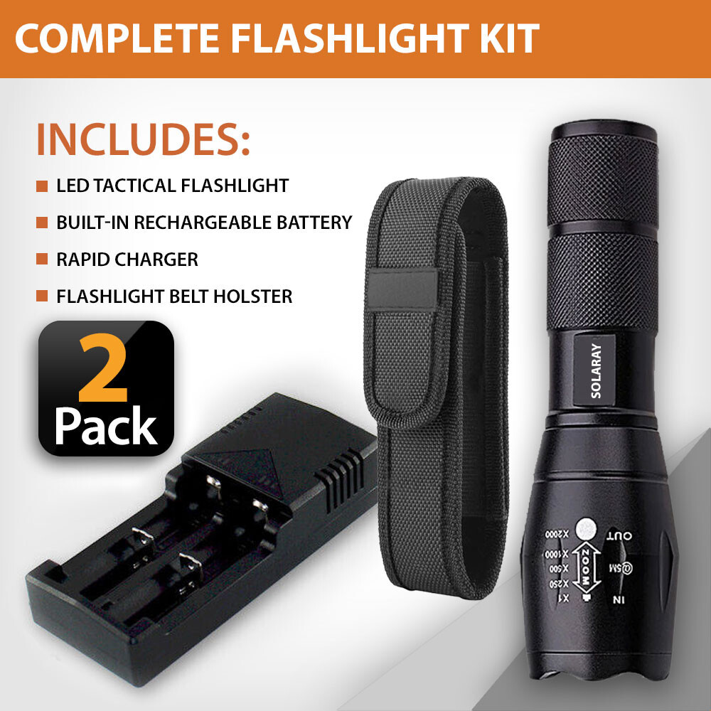 Super Bright LED Tactical Flashlight Rechargeable Work Light w/ Holster (2-PACK)
