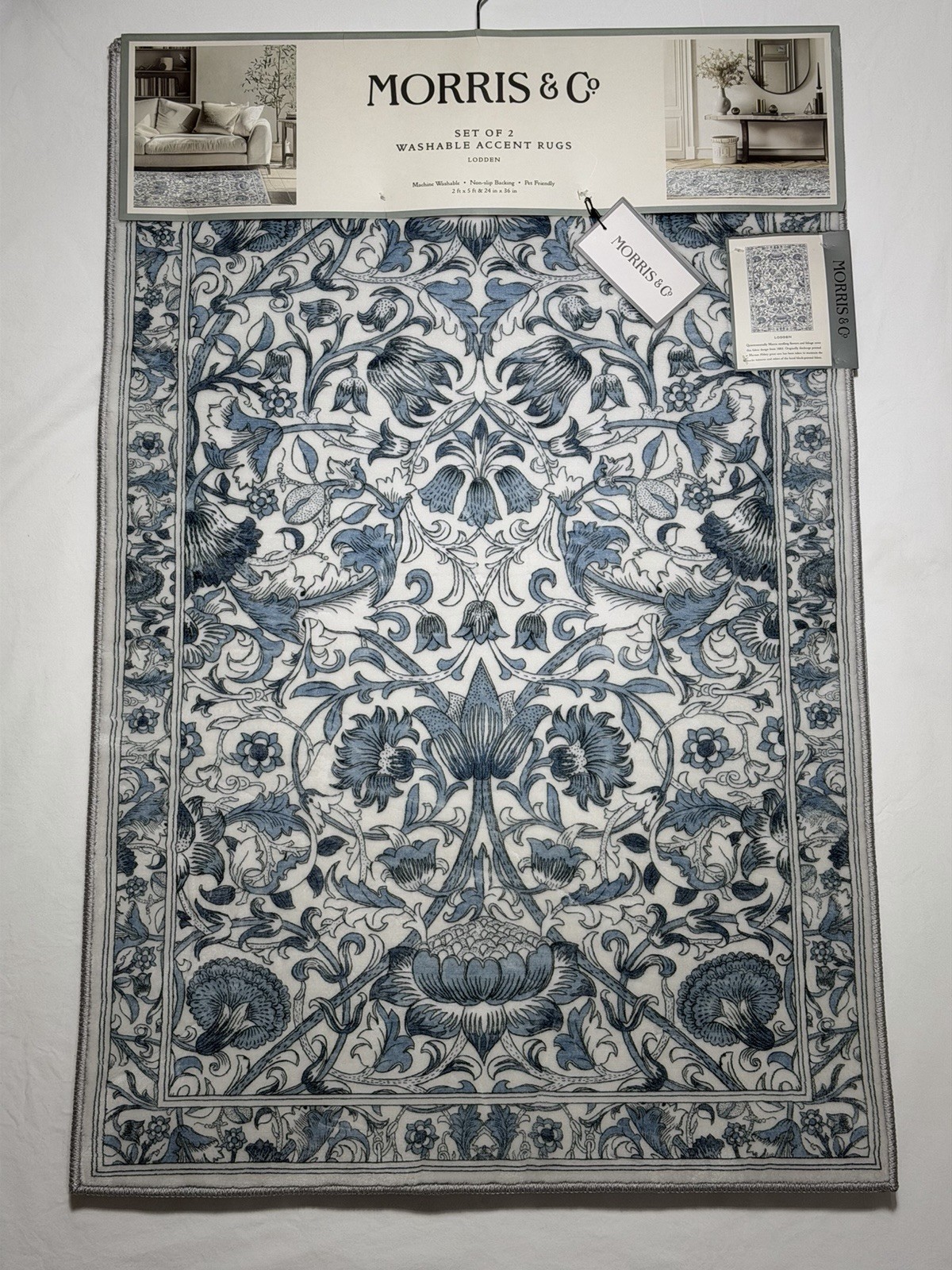 NEW Morris & Co 2 Piece Accent Rug Set Lodden Blue White 2'x5' Washable 24"x36"
