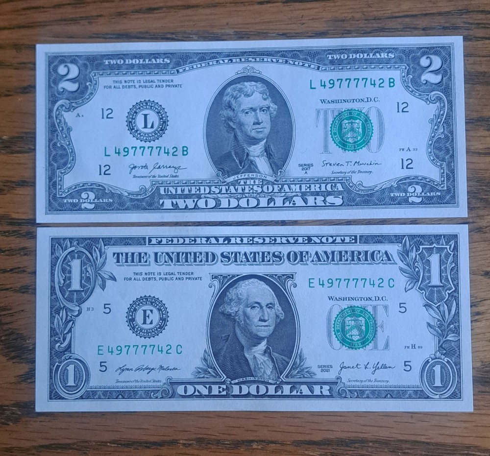 MATCHING $1 & $2 DOLLAR NOTES! –SAME SERIALS -