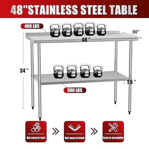 Stainless Steel 48" x 30" NSF Kitchen Restaurant Work Prep Table with Backsplash