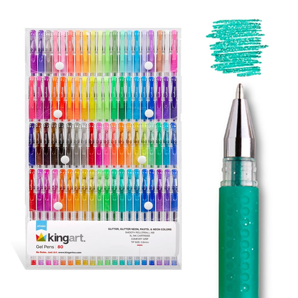 KINGART Soft Grip Glitter, 2.5mm Ink Cartridge, Set of 80 Unique Colors Gel Pens