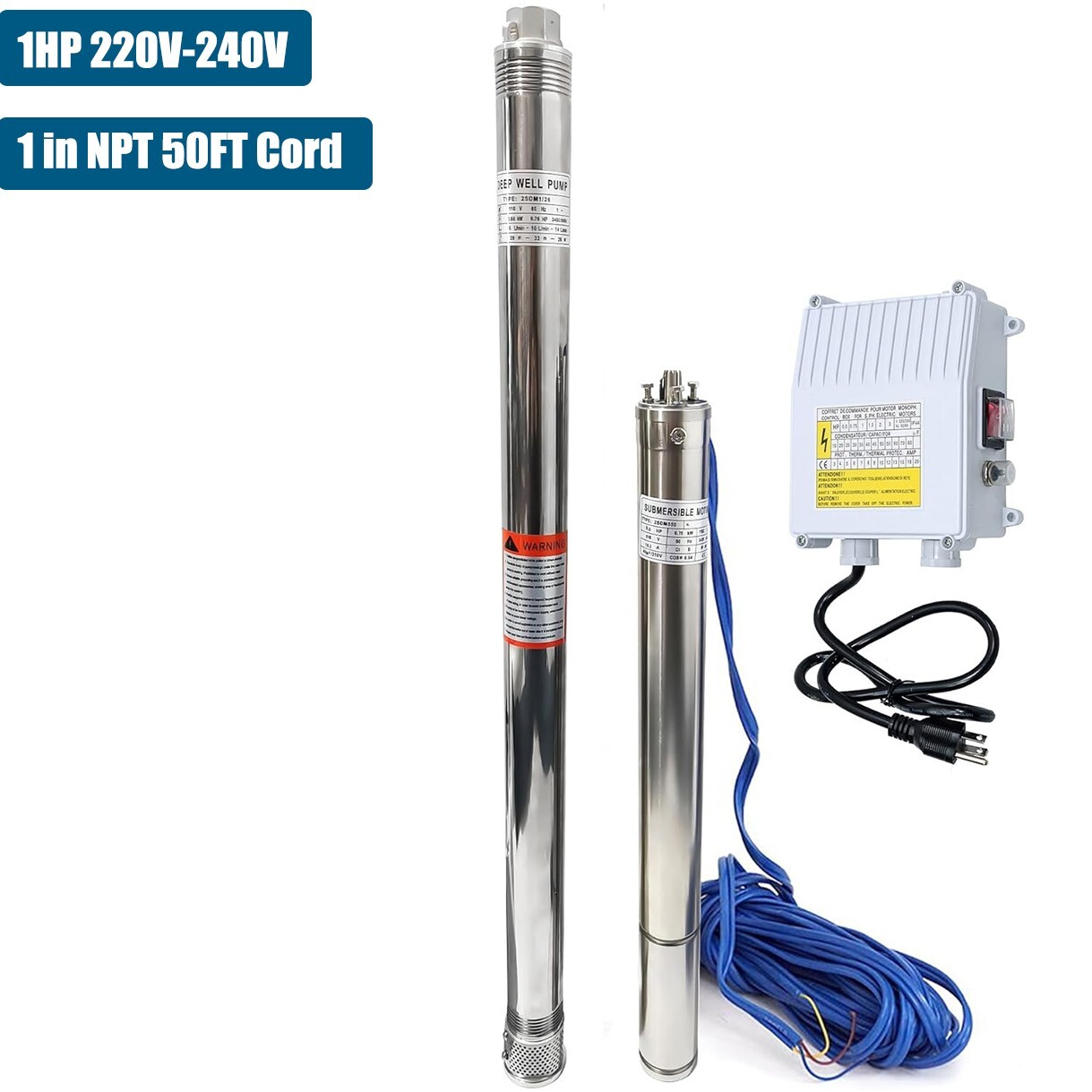 2.5" 1HP Deep Well Submersible Pump, 220V, 13 GPM, 311FT Max, 26 Stage 50FT Cord