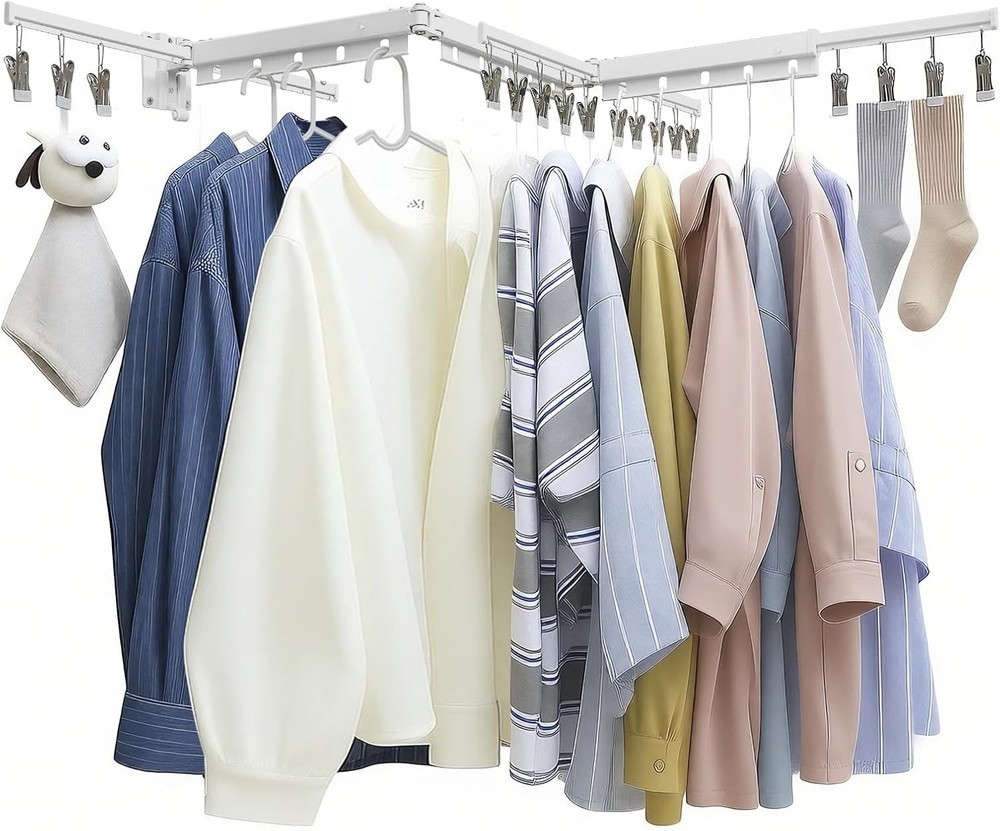 White 51" Clothes Drying Rack Retractable Foldable Wall Mounted Tri-Fold Space