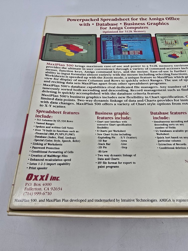Vintage Amiga MaxiPlan 500 Spreadsheet Software CIB Complete Oxxi Aegis 2 Disk