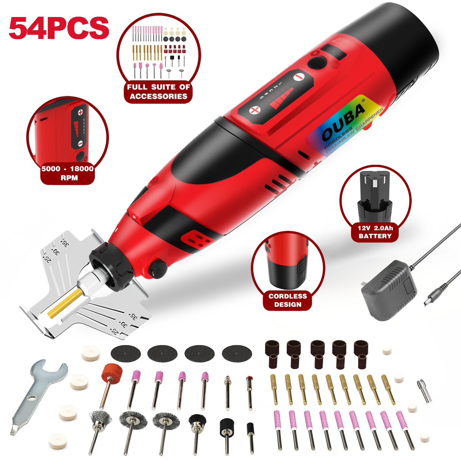 Cordless Chainsaw Sharpener Kit, 12V Battery, 54 PCS Rotary Tool Set Grinder