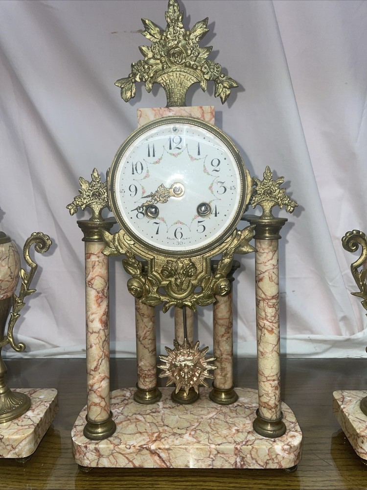 French Marble and Ormulo 5 Column Portico Clock Selsi Paris Three Piece Set