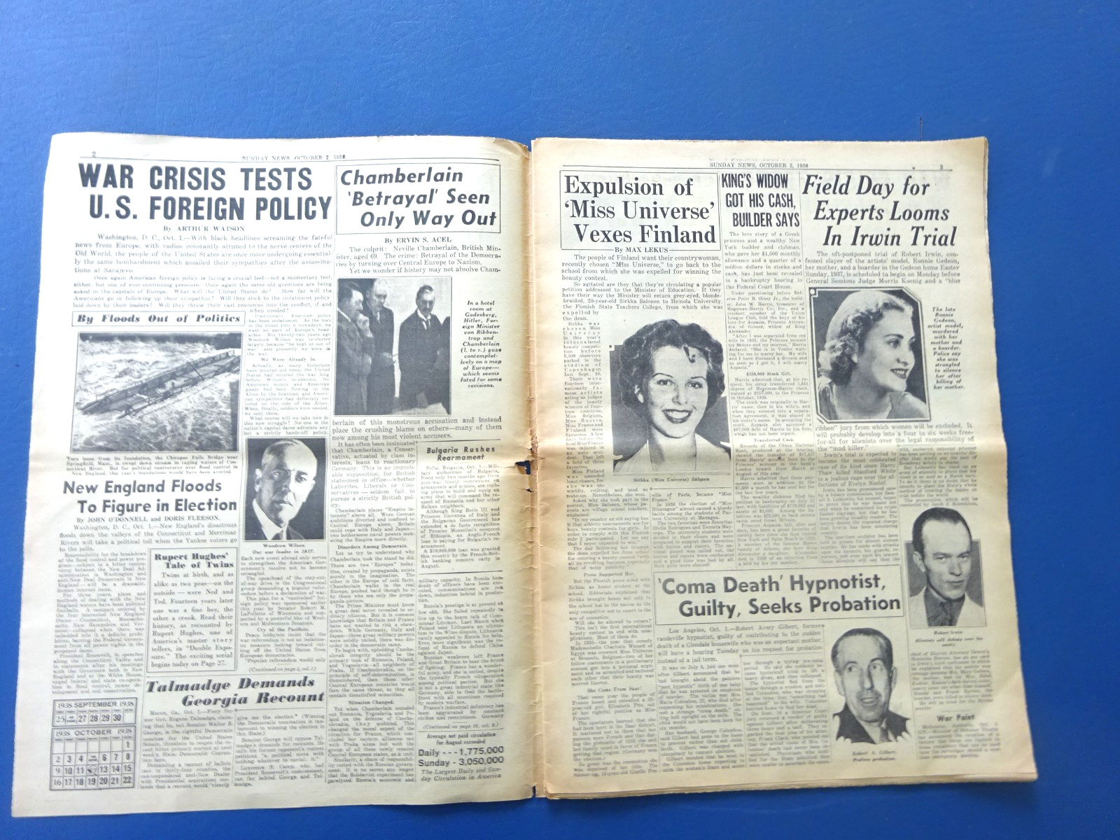 1938 NY Sunday News, Prelude War, Children Slay Parents, Yankees, Monte Stratton