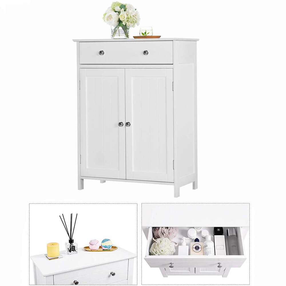 White Wooden Bathroom Floor Cabinet Storage Cupboard W/ Shelves for Home Kitchen