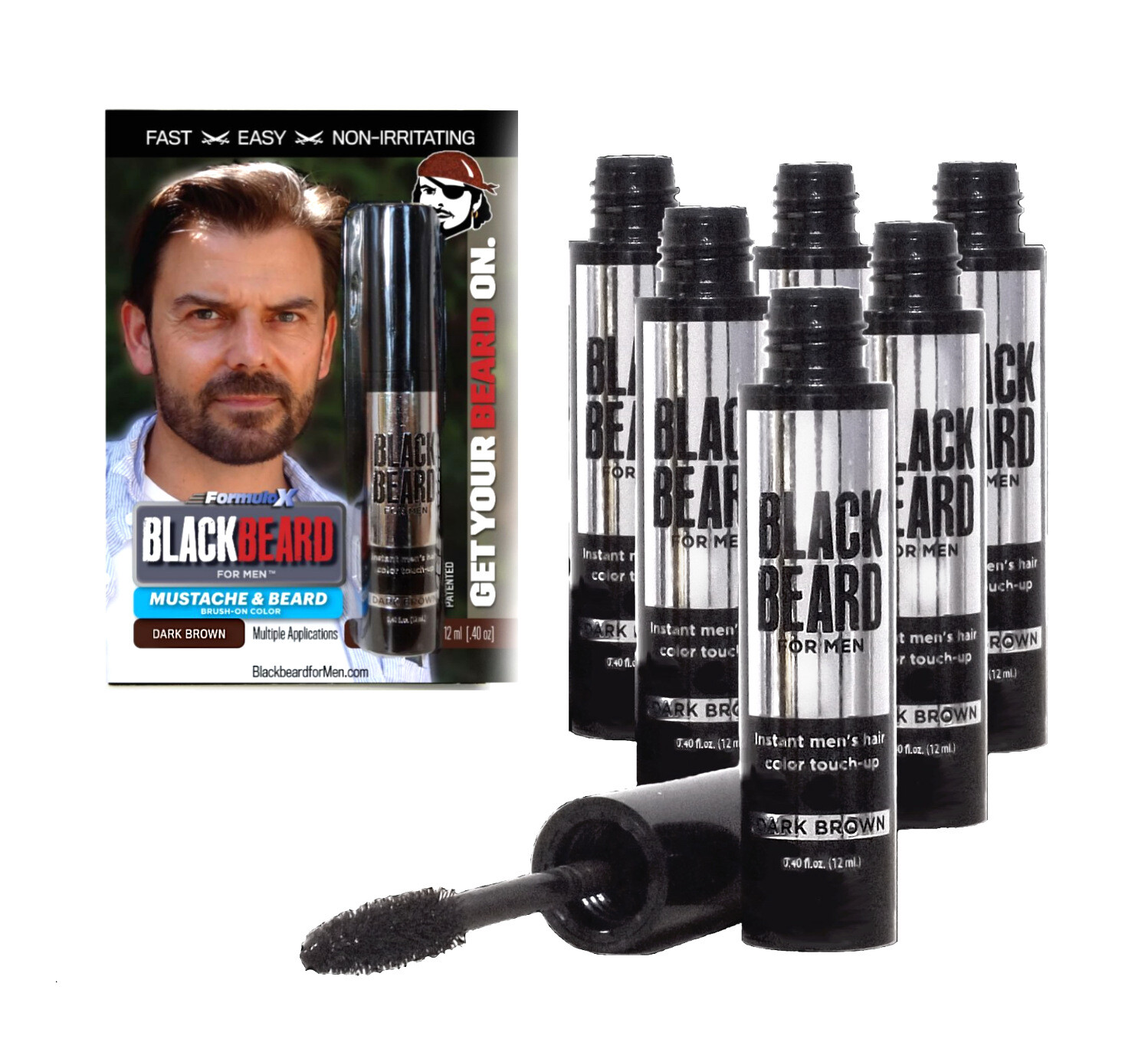 Blackbeard for Men Formula X Instant Brush-On, Hypoallergenic Beard Color, 6-pc