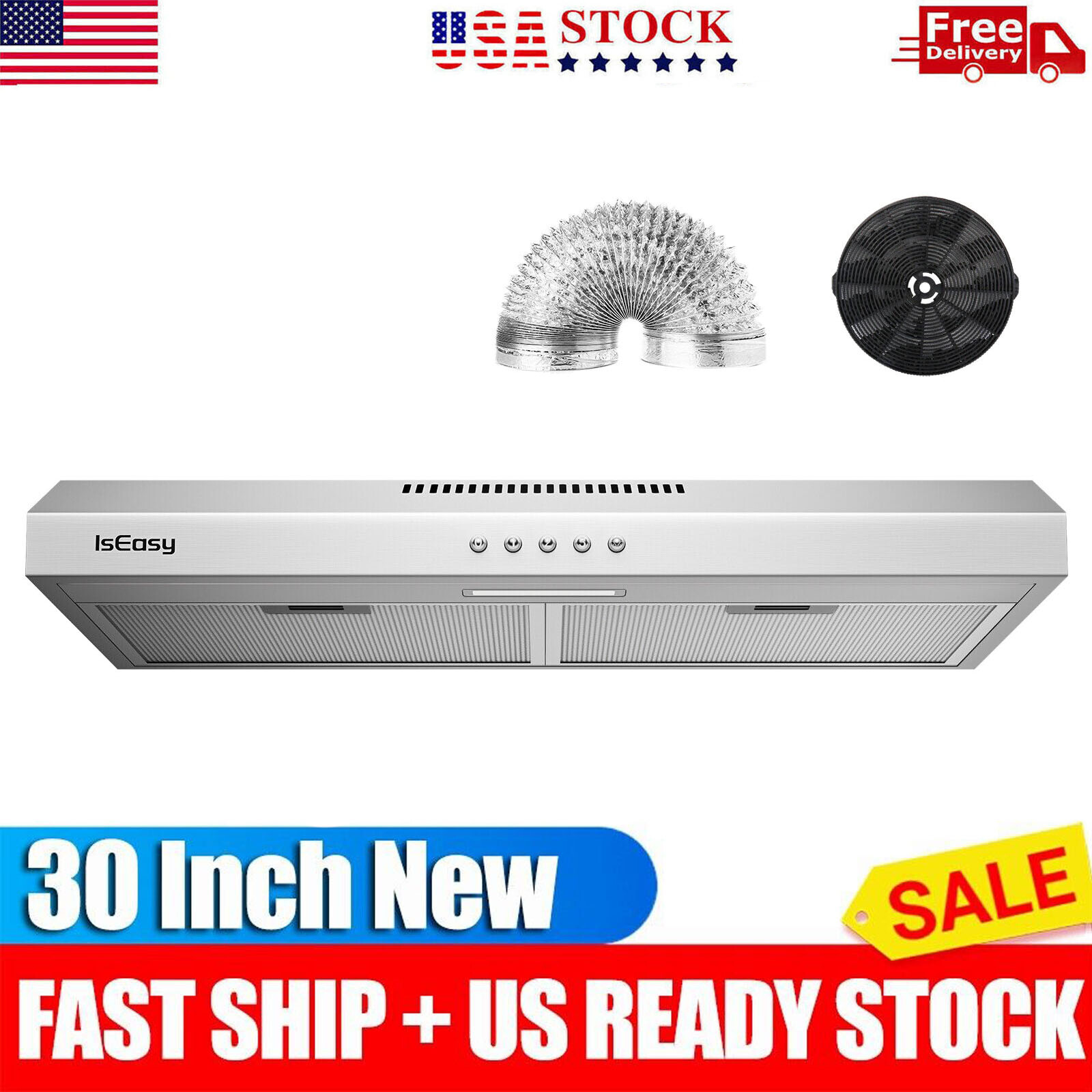 Kitchen Range Hood 30 inch Under Cabinet Cook 3-Speed Vent Fan Ducted/Ductless