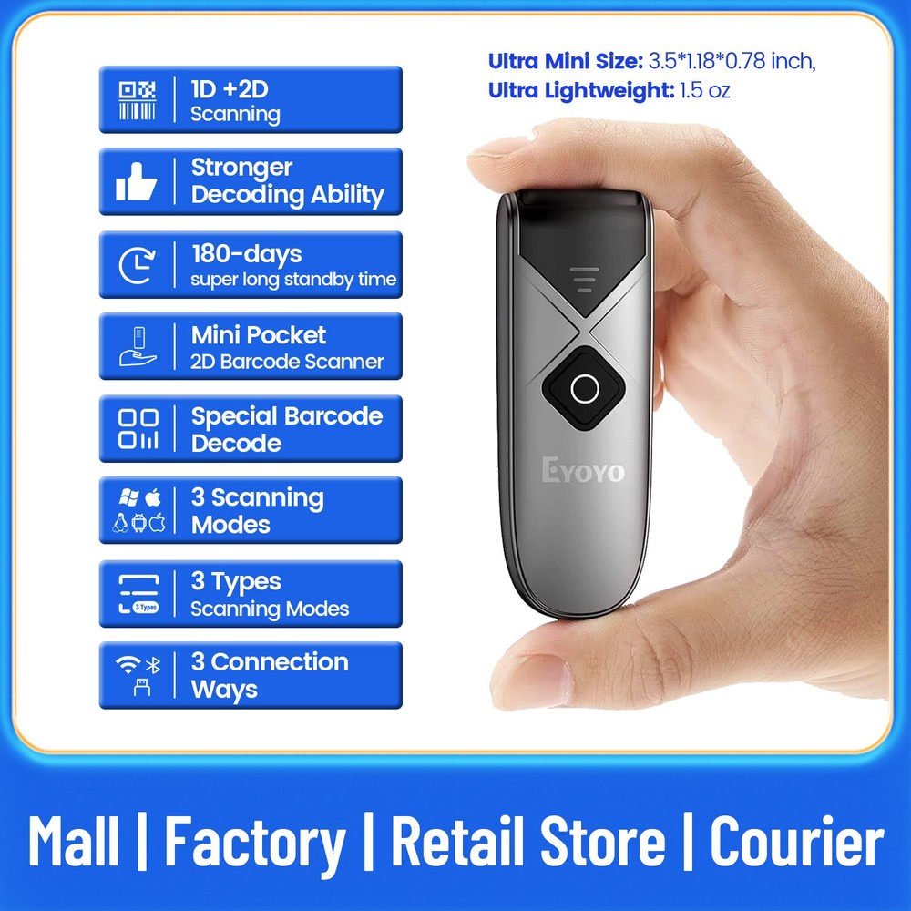 Eyoyo Wireless Bluetooth Barcode Scanner 1D 2D QR Code Reader For iPhone POS PC