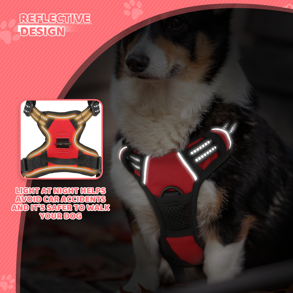 Soft No Pull Dog Pet Harness Reflective Strips Breathable Mesh Vest Red w/Handle