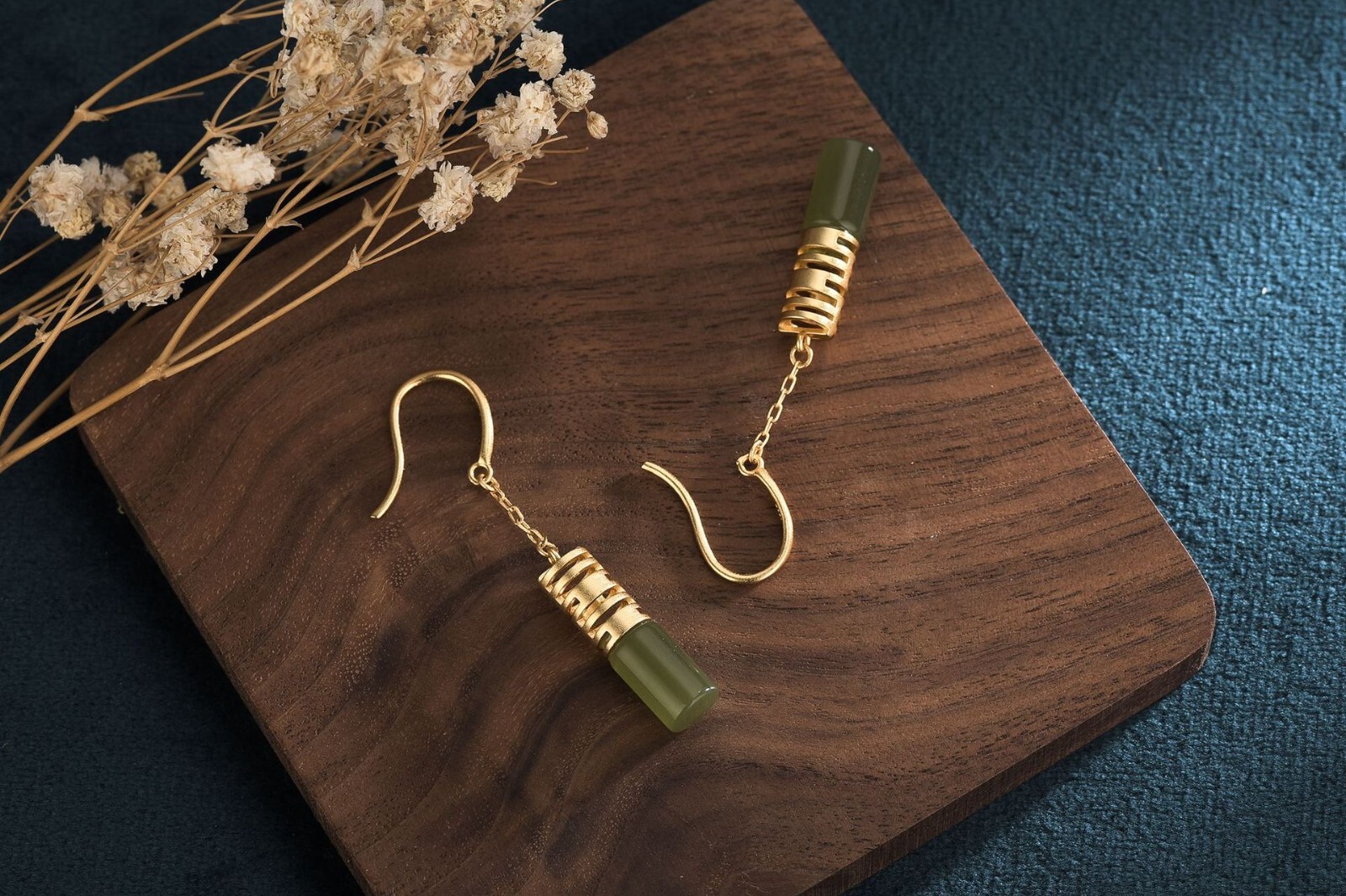 Green Jade Drop Dangle Earrings Gemstone Boho Minimalist Hook 18K Gold Plated