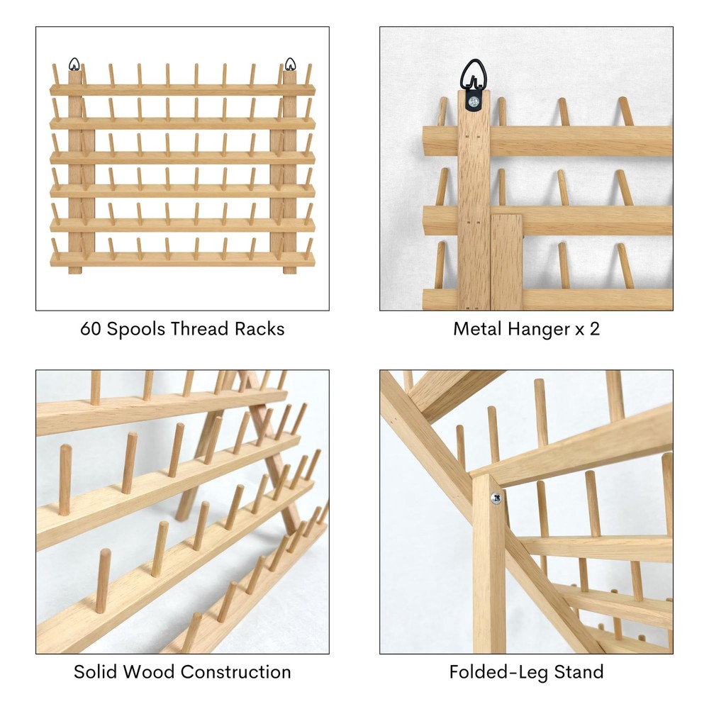2X60 Spools Wooden Thread Rack/Thread Holder Organizer with Hanging Hooks for...