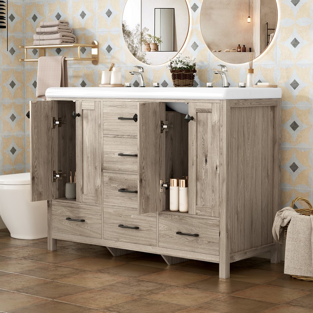 Premium Double Sink Vanity Combo with Two Ceramic Basins & Multi Layer Storage