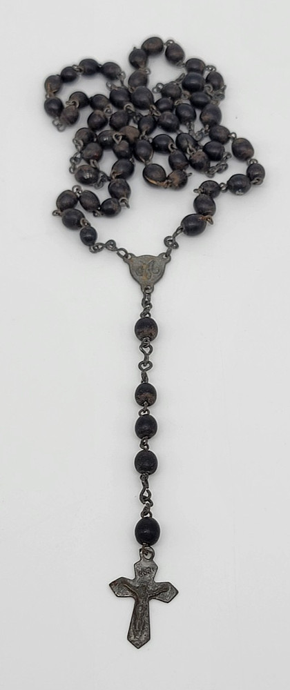 Catholic Bead Rosary Black Brown Crucifix INRI Medal Chains Silver Tone Vintage
