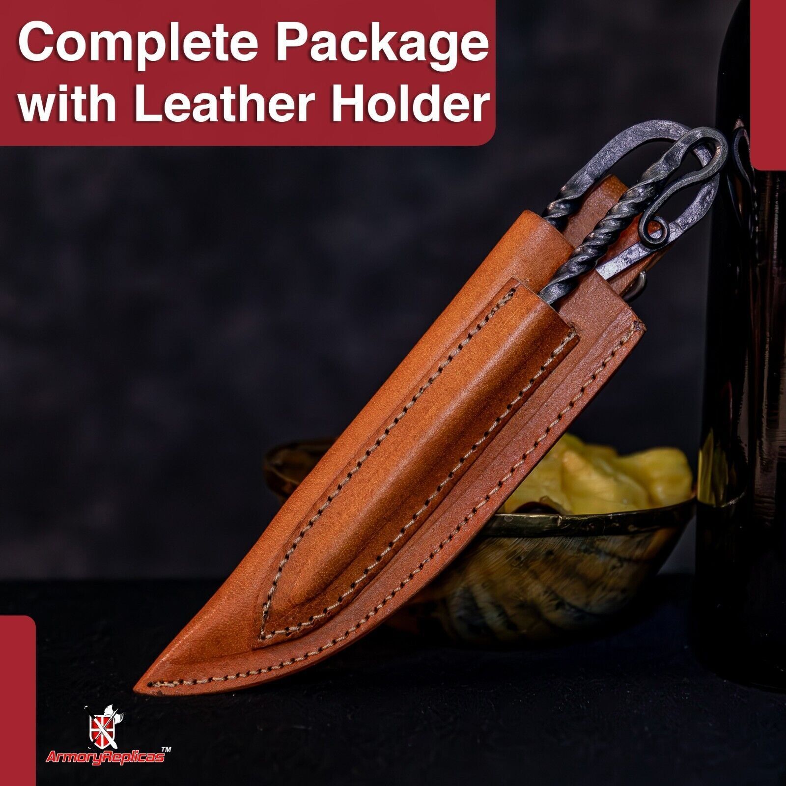 Forged Iron Functional Outdoor Camping Grilling Skewer & Knife Set w/ Sheath