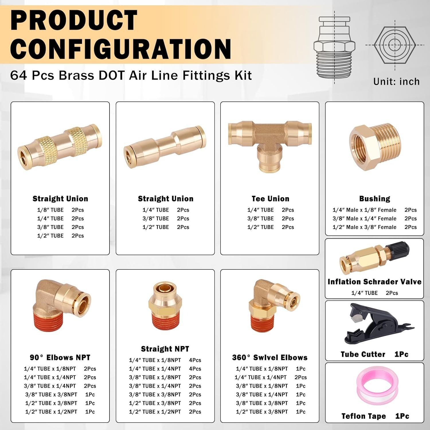 64 Pcs Brass DOT Air Line Fittings Kit Push Lock & Quick Connect Fittings NPT Th
