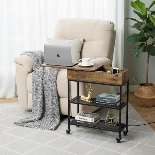 Narrow End Table with Charging Station & Rotating Top, Couch Rustic Brown