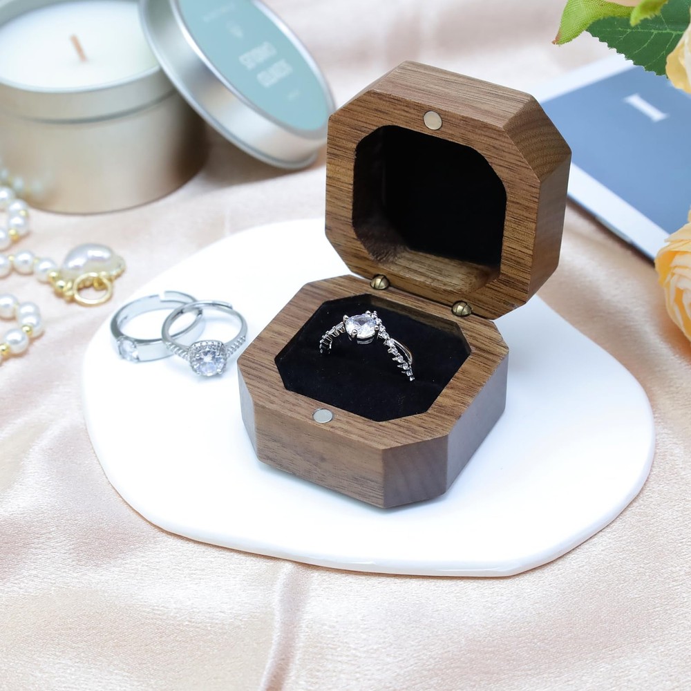 Tighall Black Walnut Wood Portable Proposal Ring Box, Octagonal Box
