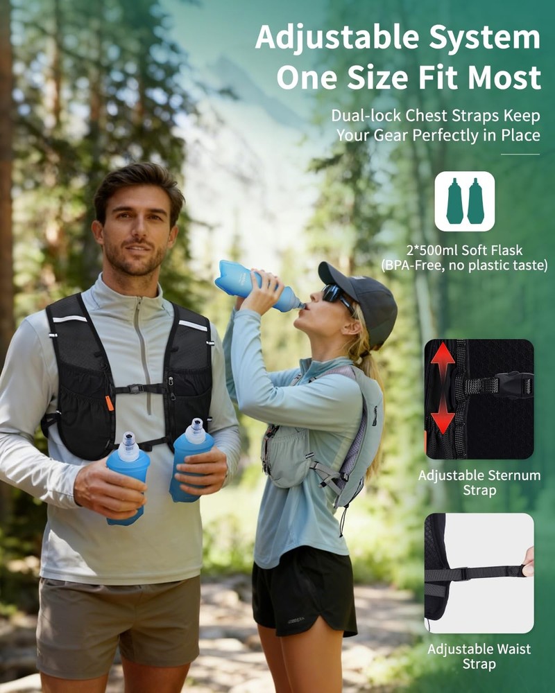 Running Hydration Vest Backpack with 2*500ML Soft Flask, Lightweight Trail Ru...