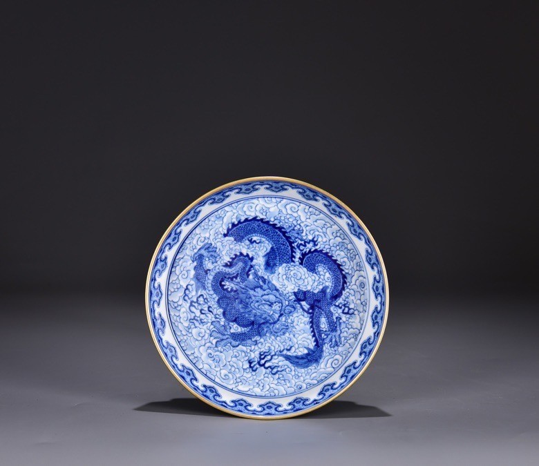 6.6''YongZheng Marked Blue white Porcelain dragon loong beast Tray Dish Plate